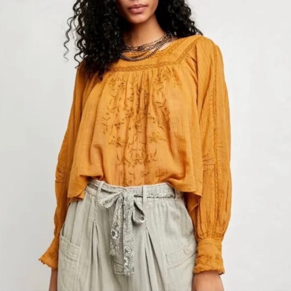 NWT Free People Faraway Fields Top Mustard Embroidered Flowy Boho Casual Size S - Picture 2 of 16